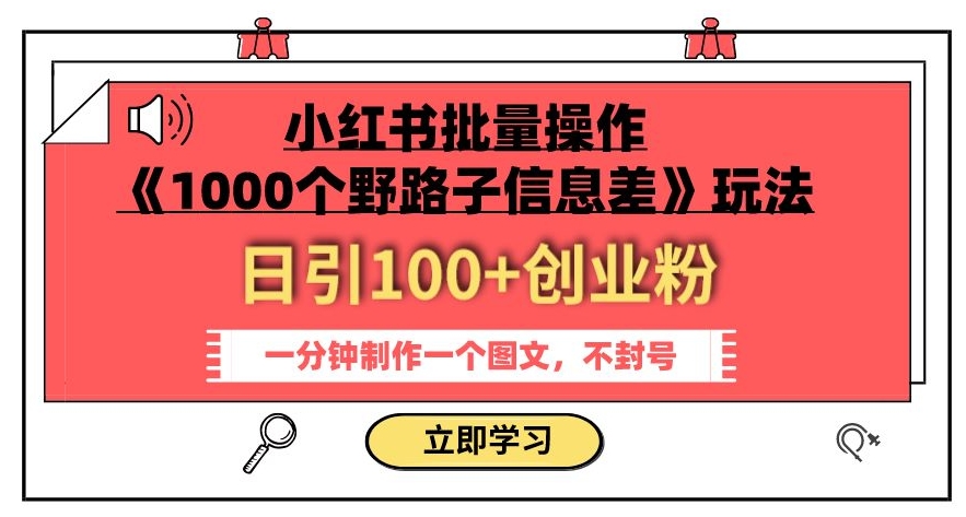 小红书批量操作《1000个野路子信息差》玩法，一分钟一个图文制作，不封号，日引100+创业粉