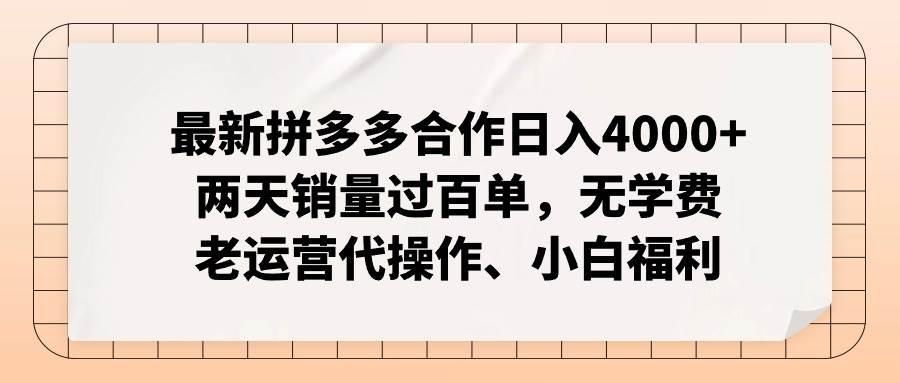 最新拼多多合作一天4000 两天销量过百单，无学费、老运营代操作、小白福利