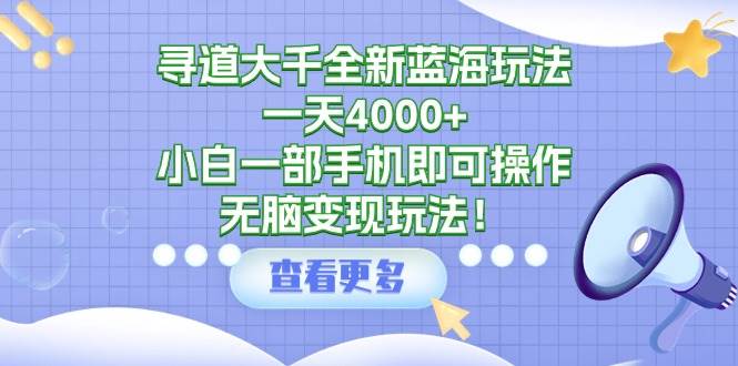 寻道大千全新蓝海玩法，一天4000 ，小白一部手机即可操作，无脑变现玩法！
