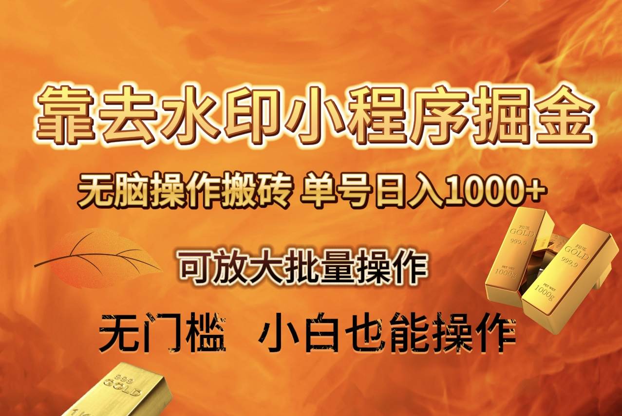 去水印小程序掘金项目： 单号一天1000 保姆级教程 可放大批量操作